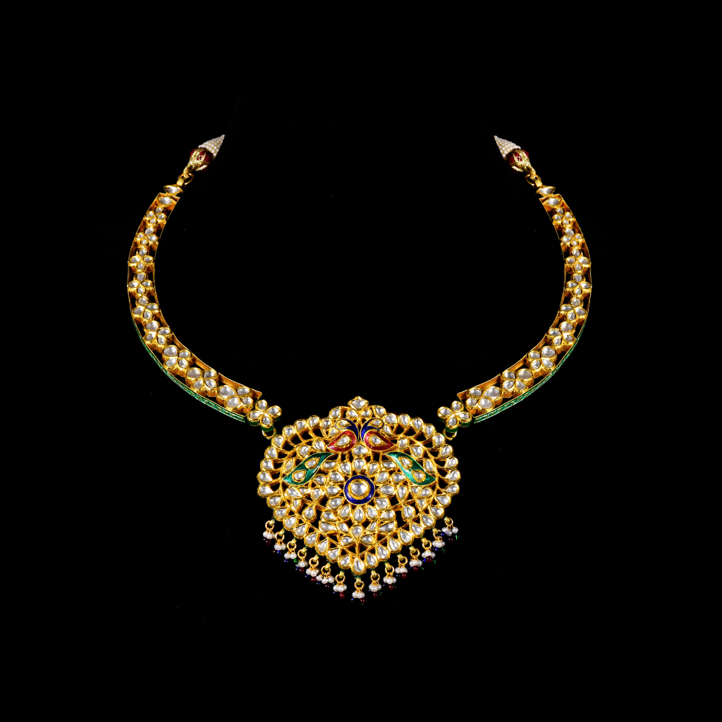 Necklace with peacock design meena and jhoomki pair in 18k gold