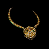 Necklace with peacock design meena and jhoomki pair in 18k gold with diamond polki.The peacock Meena necklace and jhoomki pair is a stunning set of jewelry that is sure to turn heads. - kmne3185