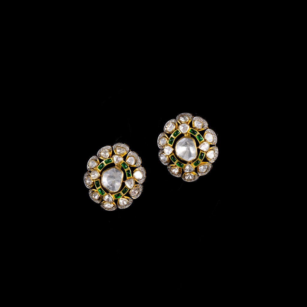 Earring pair with uncut diamond and full cut diamond with green stones in 18k gold.Crafted from high-quality materials, these earrings feature a sleek and stylish design that is sure to turn heads. - KME2183