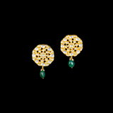 Karnphool earring pair in 18k gold with uncut diamond and emerald maniya. - KME2185