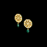 Karnphool earring pair in 18k gold with uncut diamond and emerald maniya. - KME2185