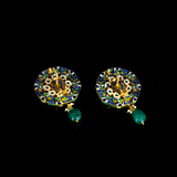 Karnphool earring pair in 18k gold with uncut diamond and emerald maniya. - KME2185