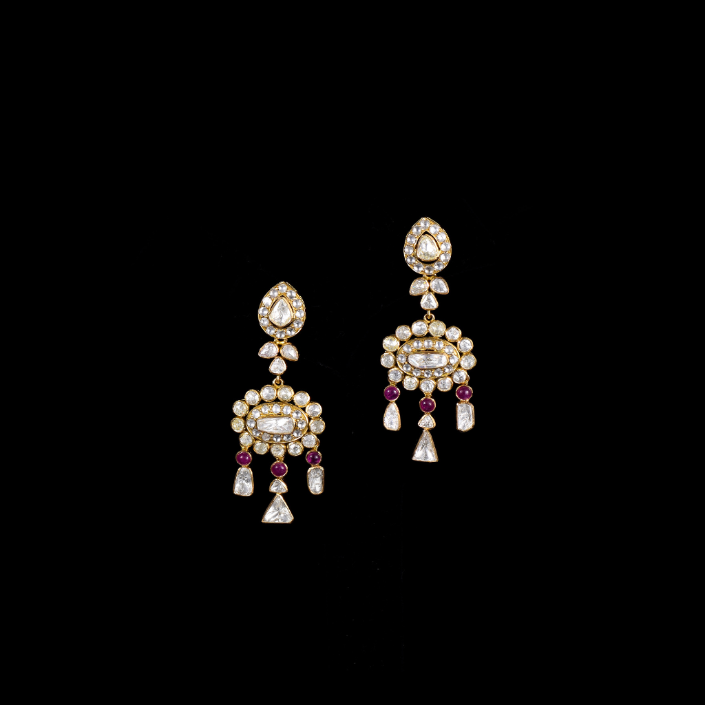 Earring pair with rose cut Diamond and polki diamond with rubies in 18k goldIntroducing our exquisite long earrings - KME2189