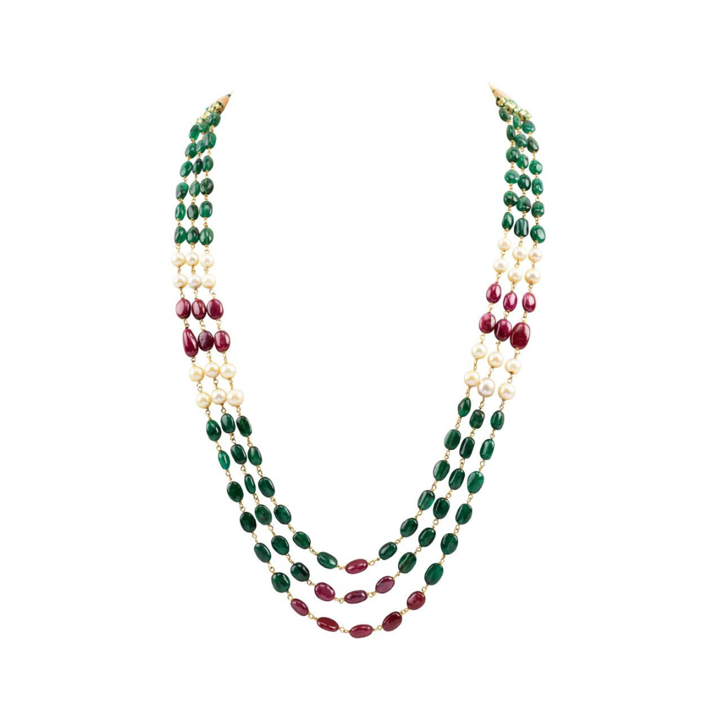 Three line necklace of emerald and Ruby maniya and pearls stringing in gold wire STRG261