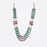 Three line necklace of emerald and Ruby maniya and pearls stringing in gold wire STRG261