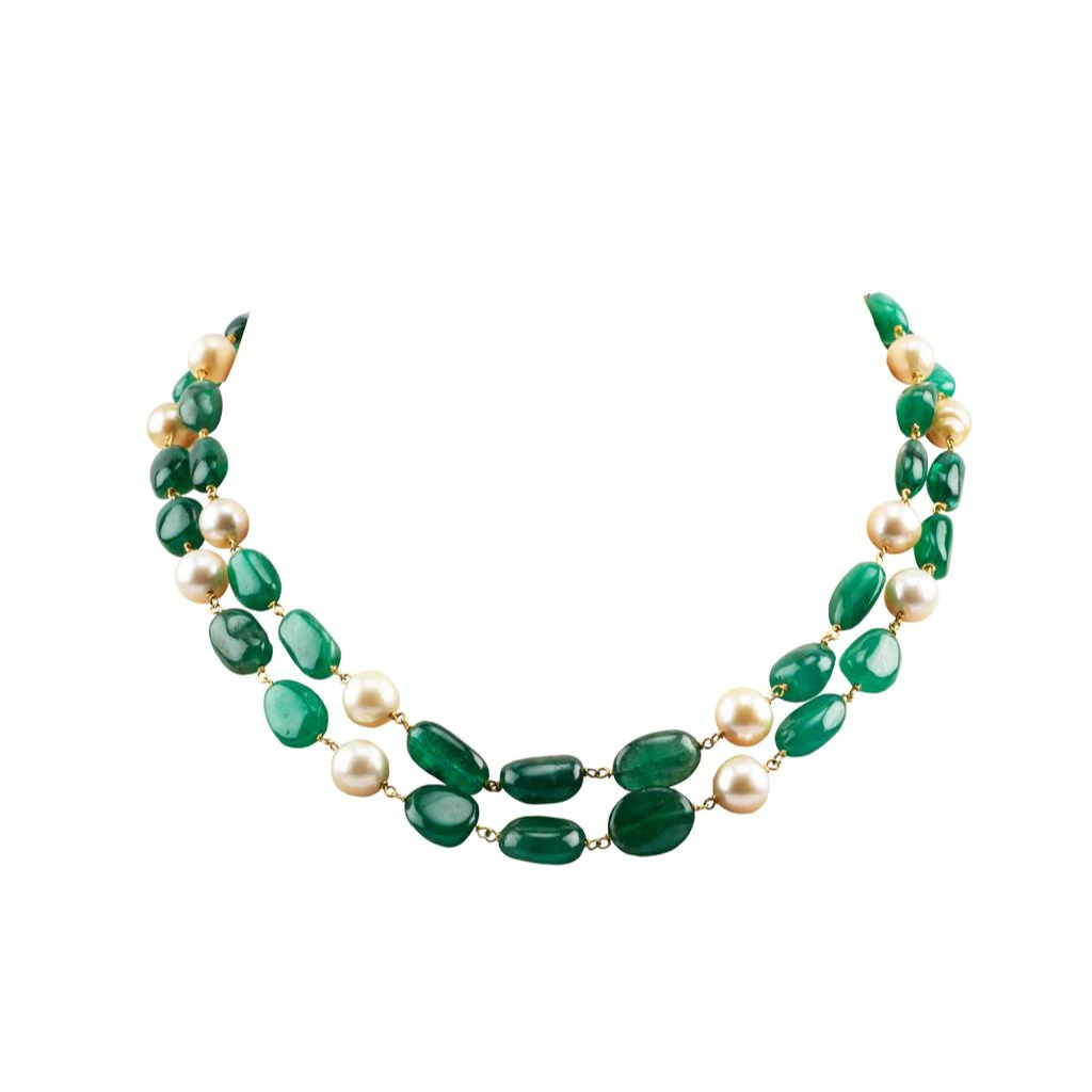 String of two line of emerald maniya and south sea pearls in gold wire STRG203