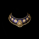 Necklace (hasli) and jhoomki pair in blue meena with 18k gold and  uncut diamonds and pearls , it’s perfect for traditional Indian attire to modern western wear - KMNE2947