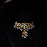 Necklace (chick) and Earring pair in peacock meena in 18k gold and uncut diamond. - KMNE3101