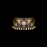 Blue meena Aad (necklace) and jhoomki pair in 18k gold and  uncut diamond and pearls. - KMNE3138