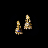Blue meena Aad (necklace) and jhoomki pair in 18k gold and  uncut diamond and pearls. - KMNE3138