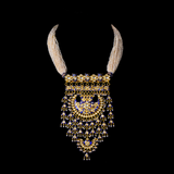 Necklace and jhoomki pair in blue meena pankhi design in 18k gold and uncut diamond and pearls. - KMNE3184, KME2108