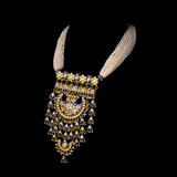 Necklace and jhoomki pair in blue meena pankhi design in 18k gold and uncut diamond and pearls. - KMNE3184, KME2108