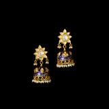 Necklace and jhoomki pair in blue meena pankhi design in 18k gold and uncut diamond and pearls. - KMNE3184, KME2108