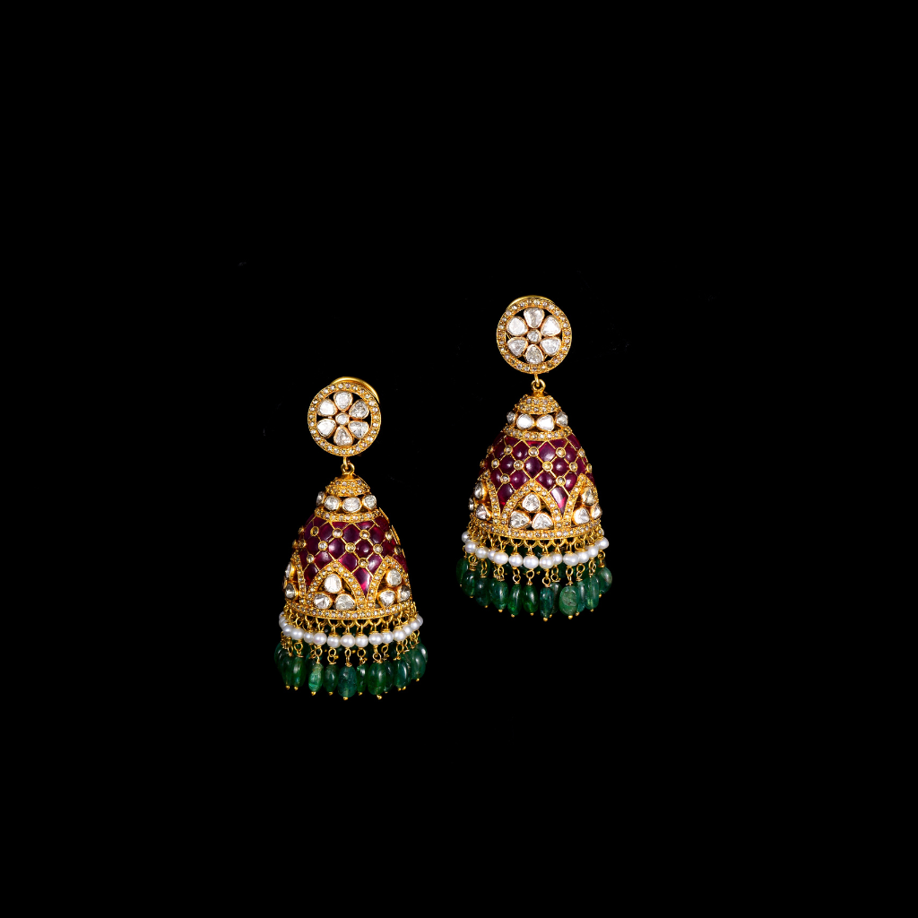 Jhoomki pair with rose cut diamond, diamond uncut and emerald maniya with pearls in 14k gold. - KME2176