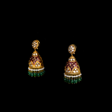 Jhoomki pair with rose cut diamond, diamond uncut and emerald maniya with pearls in 14k gold. - KME2176