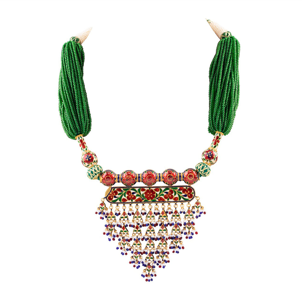 Red and blue meena tanmaniya necklace with jhoomki pair with Diamond polki and pearls KMNE3005