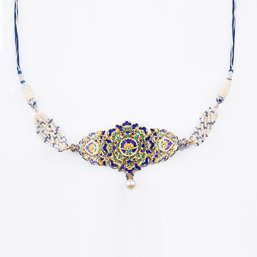 Small blue meena choker with tops pair with Diamond polki and pearls KMNE3030