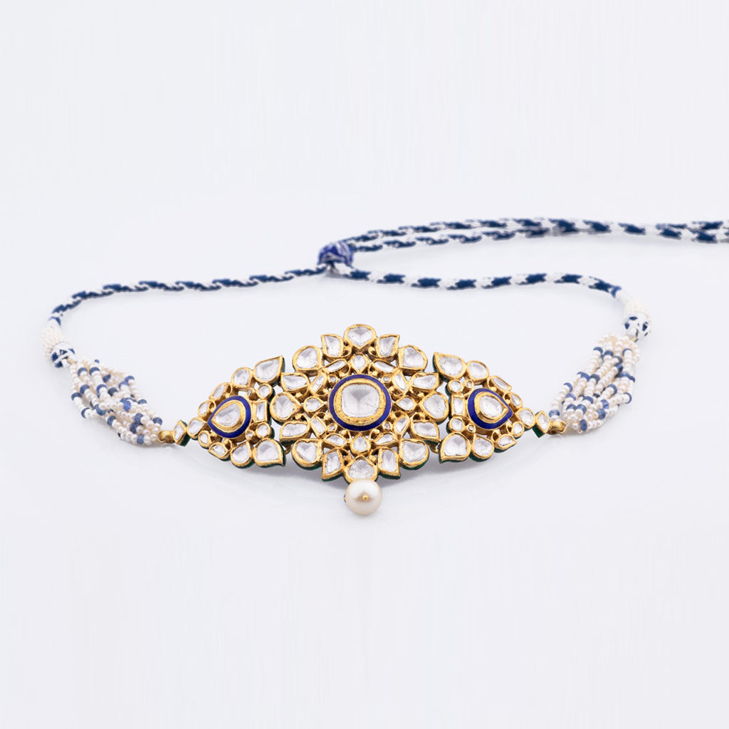 Small blue meena choker with tops pair with Diamond polki and pearls KMNE3030