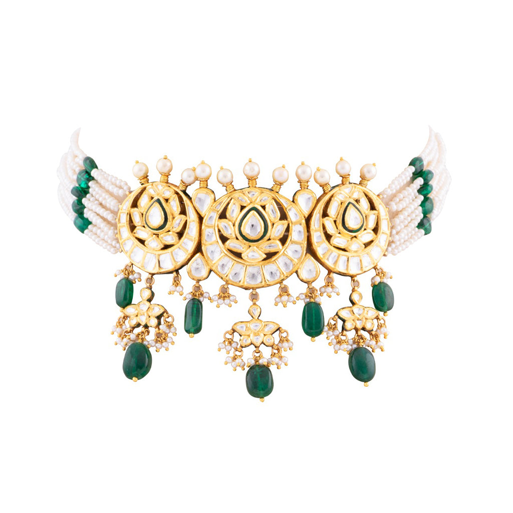 Mini choker with earring pair with Diamond polki and emerald maniya and pearls DESIGN NO KMNE3000