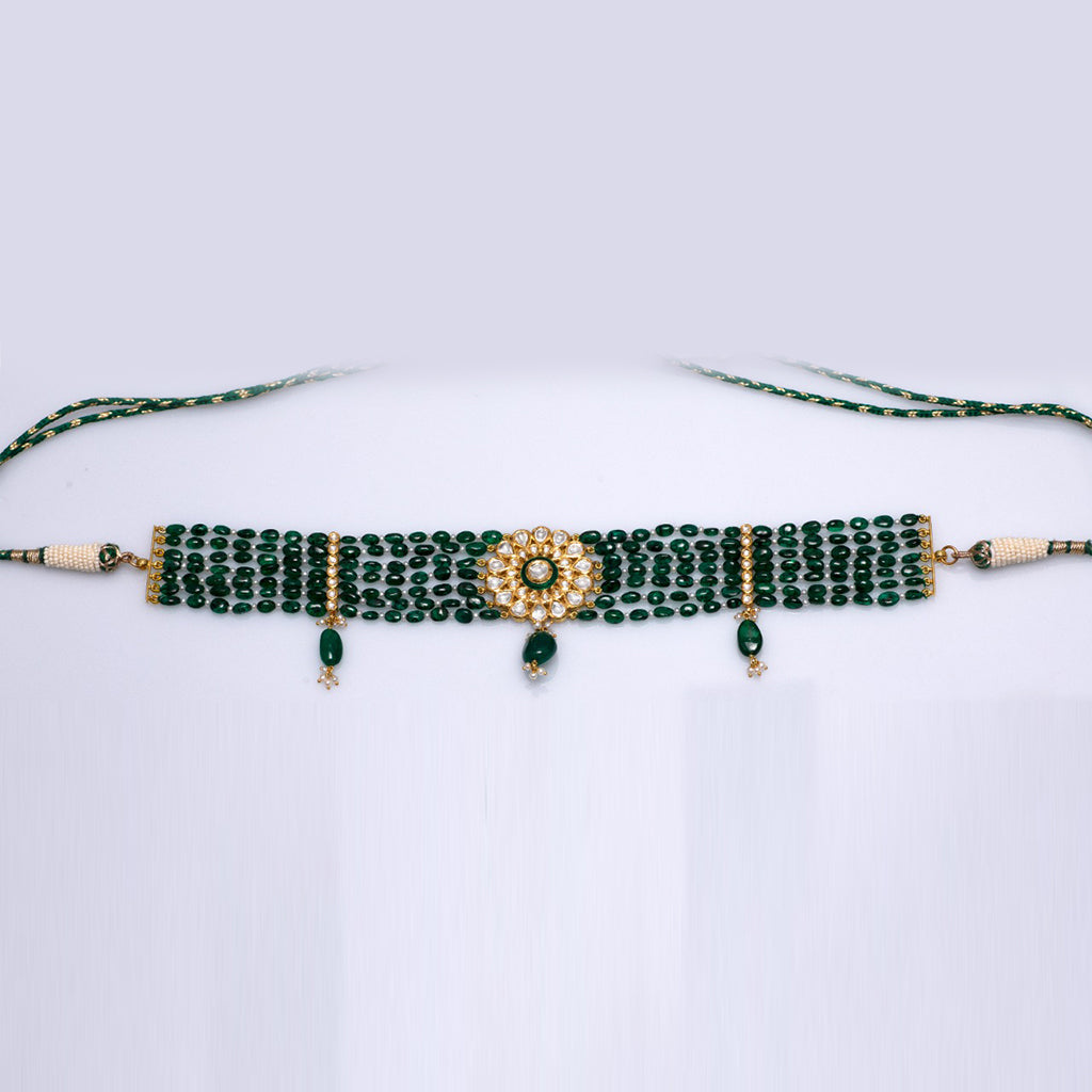 Small choker with earring pair with Diamond polki and emerald  KMNE2999