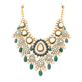 Big Necklace and long earrings with Diamond polki and emerald maniya and pearls  KMNE3027