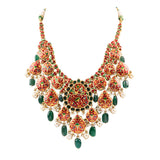Big Necklace and long earrings with Diamond polki and emerald maniya and pearls  KMNE3027