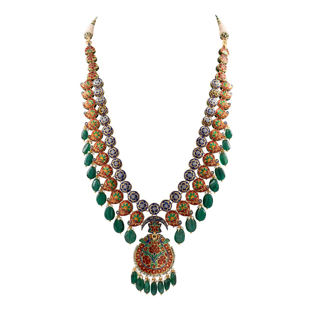 Long necklace with earring pair with Diamond polki and emeralds KMNE3015