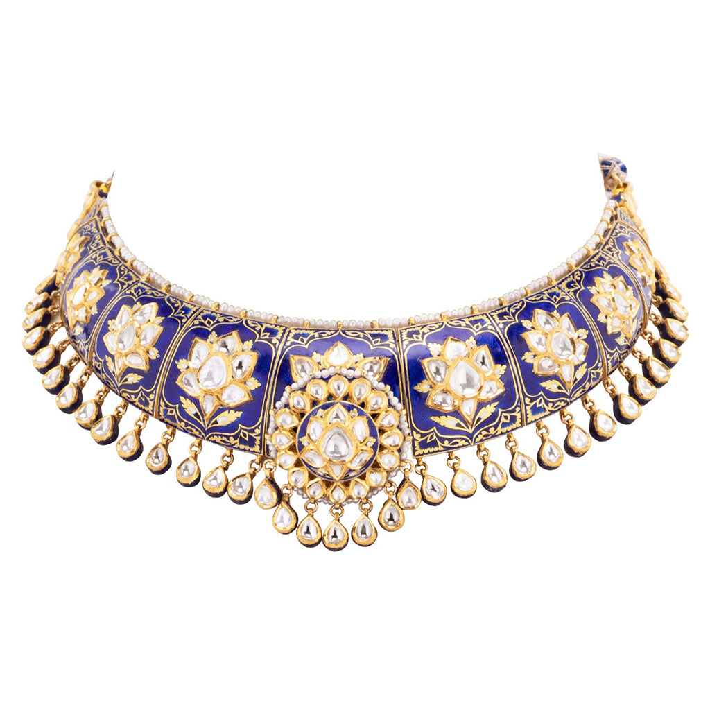 Blue meena flexible choker type necklace with half round jhoomki with Diamond polki  kMNE2947