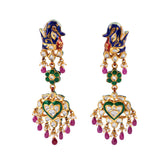 Multi meena elephant face long necklace and earring pair with Diamond polki and Ruby drops and pearls KMNE2887