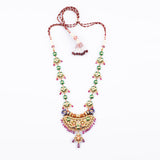 Multi meena elephant face long necklace and earring pair with Diamond polki and Ruby drops and pearls KMNE2887