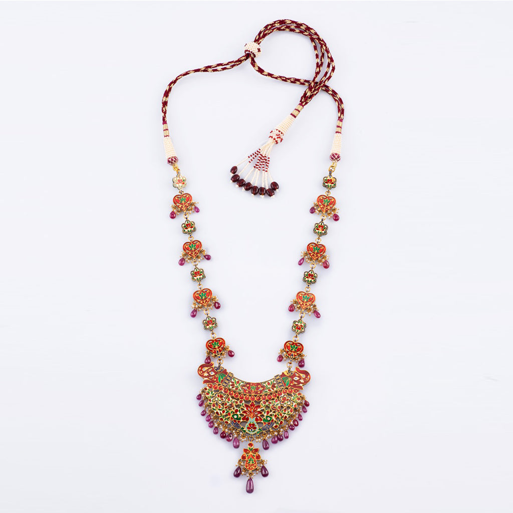 Multi meena elephant face long necklace and earring pair with Diamond polki and Ruby drops and pearls KMNE2887