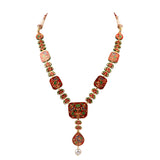 Long necklace and earring pair with red enamelled work with Diamond polki and pearls  KMNE2960