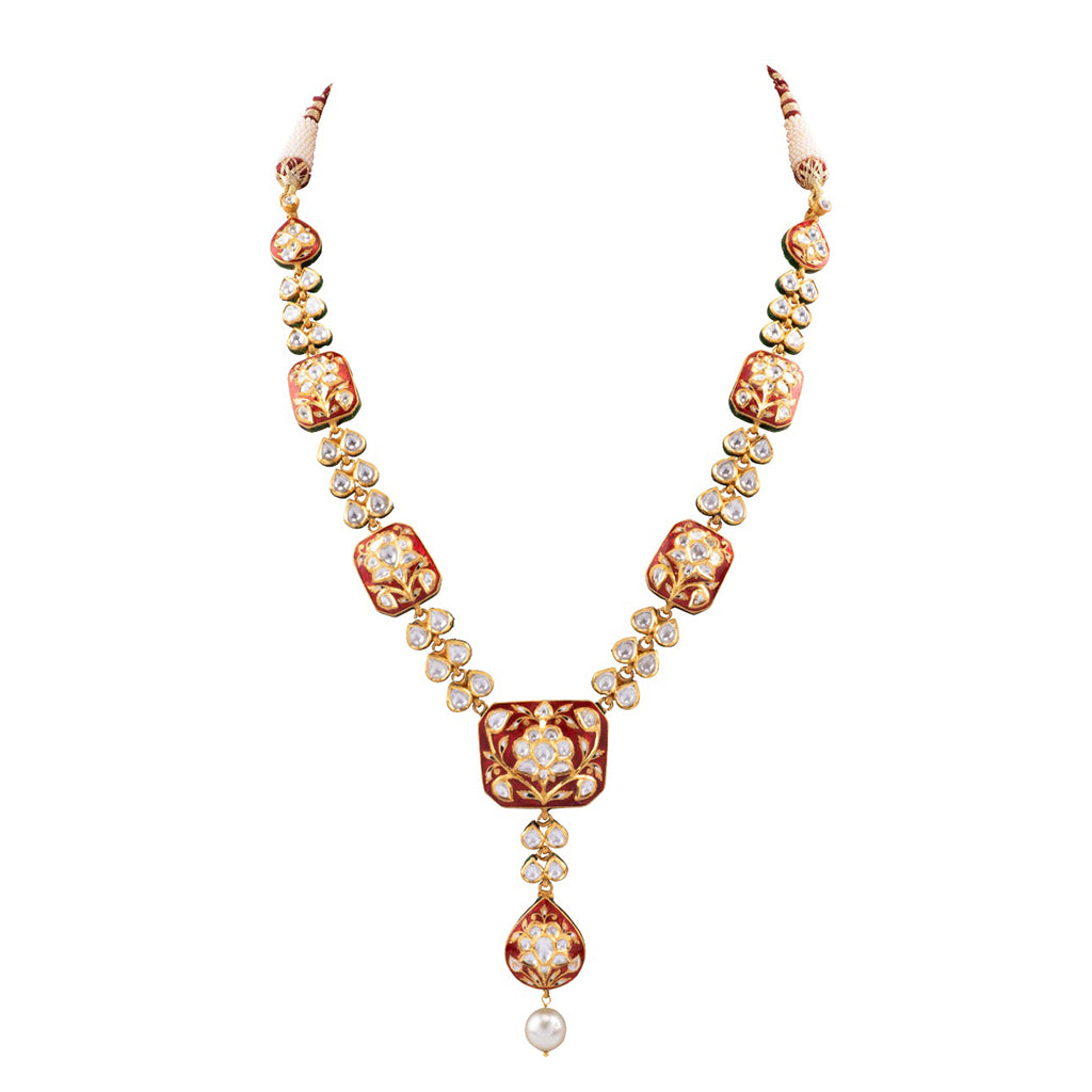 Long necklace and earring pair with red enamelled work with Diamond polki and pearls  KMNE2960