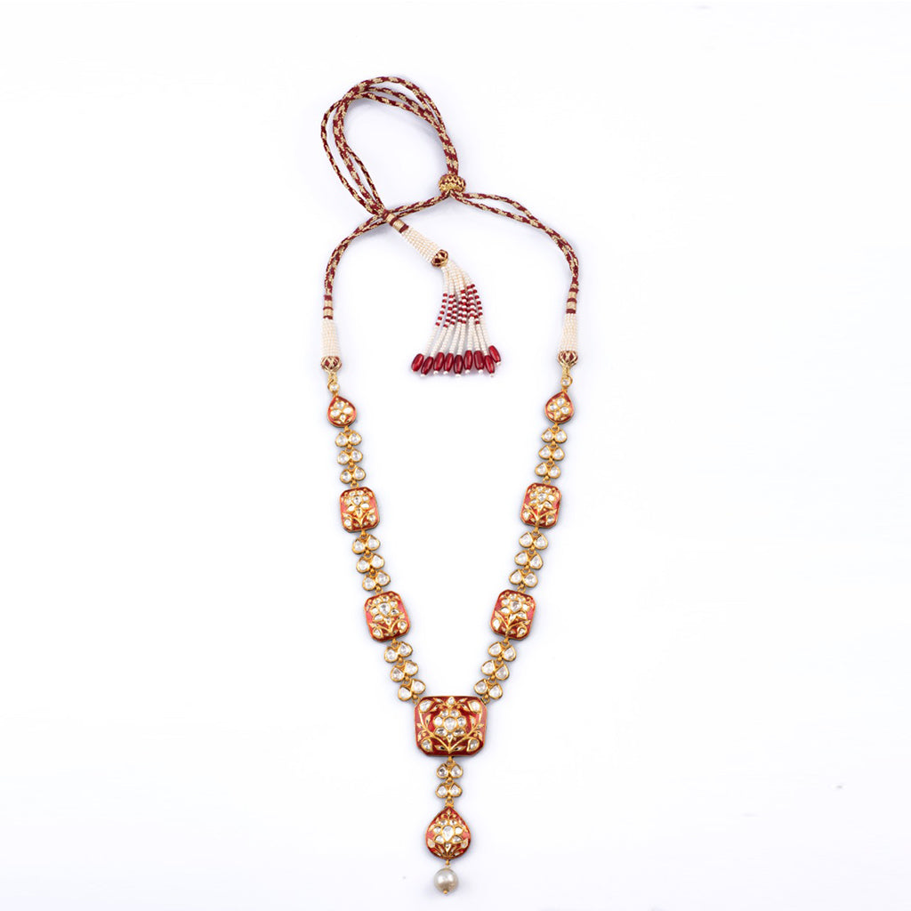Long necklace and earring pair with red enamelled work with Diamond polki and pearls  KMNE2960