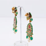 Red meena pankhi design necklace and earring pair with Diamond polki and emerald beads with pearls  KMNE3039