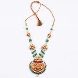 Red meena pankhi design necklace and earring pair with Diamond polki and emerald beads with pearls  KMNE3039