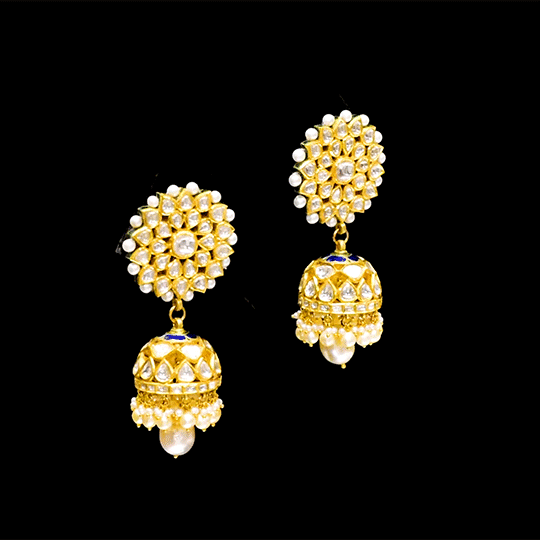 Karnphool eearrings with jhoomki pair in 18k gold and uncut diamond with pearls This Karnphool with Jhoomki pair in Diamond - KME2192