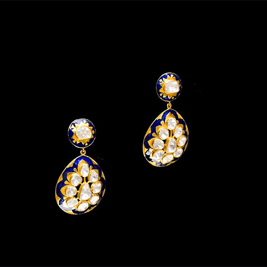 Earring pair with blue meena and  uncut diamond in 18k gold. - WDN1085