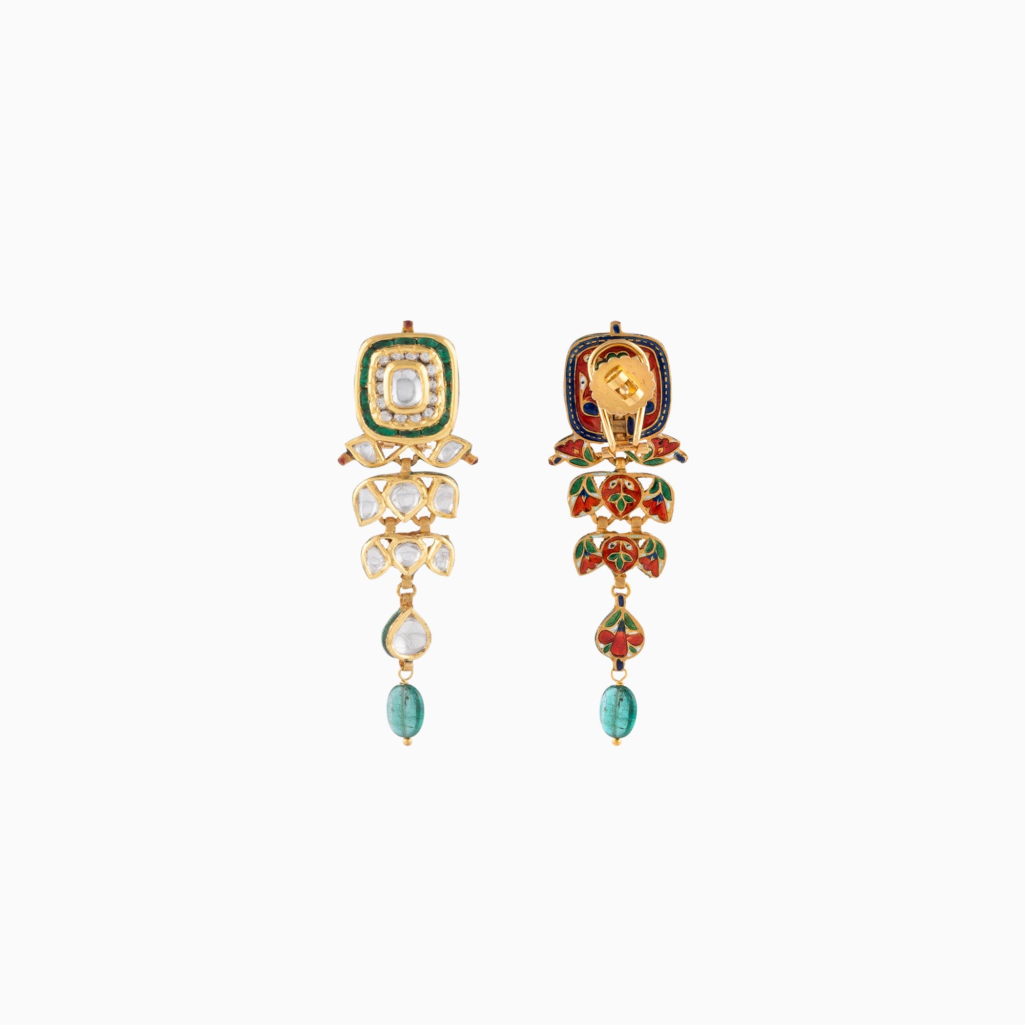 Earring Pair with Green Talf, Uncut Diamond, Emerald Maniya-KMNE2272