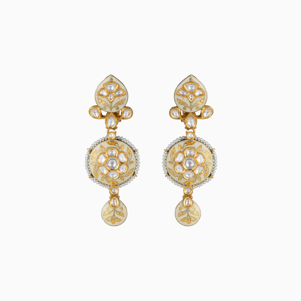 Earring Pair with Uncut Polki Diamond and Cultuted Pearls-KMPE1101