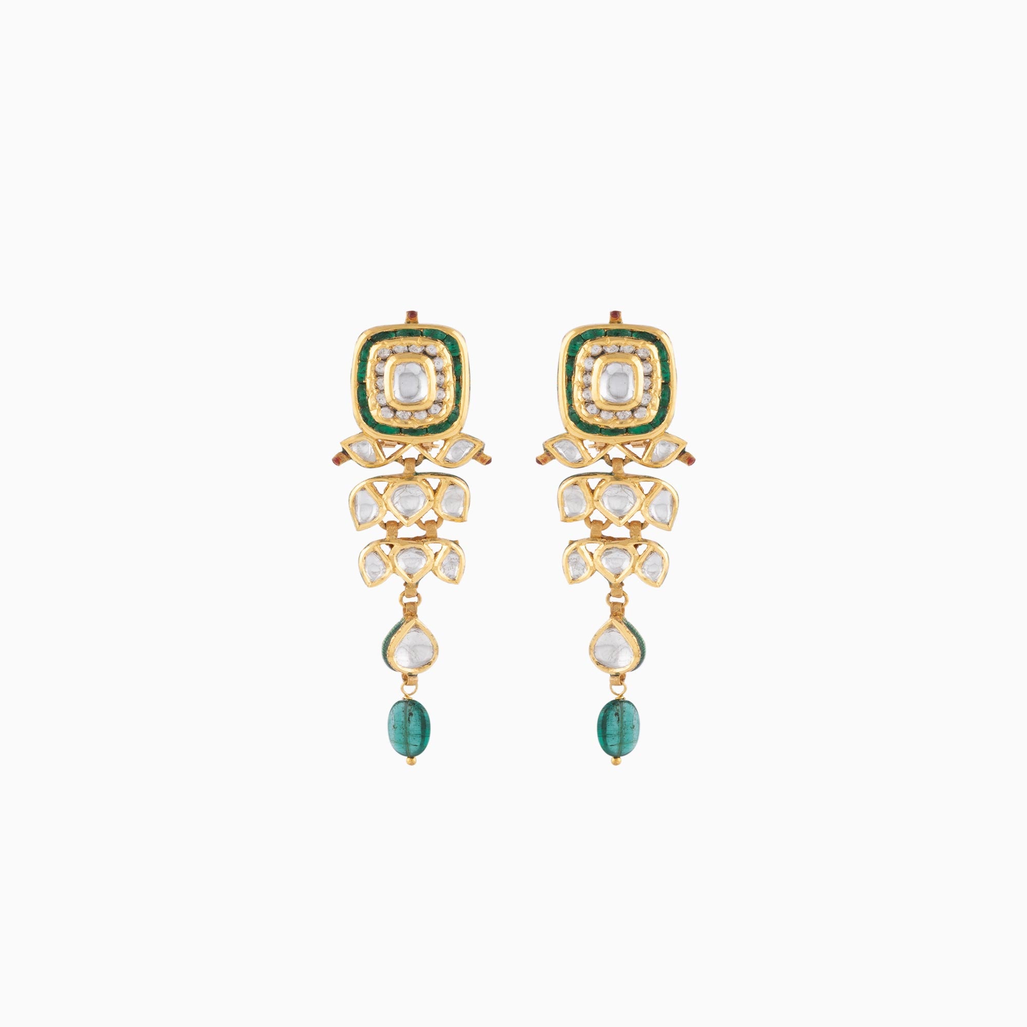 Earring Pair with Green Talf, Uncut Diamond, Emerald Maniya-KMNE2272