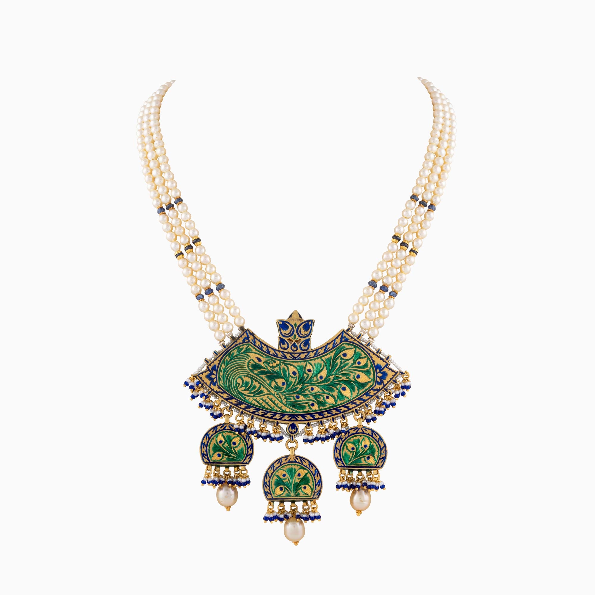 Pendant with Firoza Meena, Uncut Polki Diamond, Japanese Pearls, S.S. Pearls and Sapphire Beads-KMNE2753