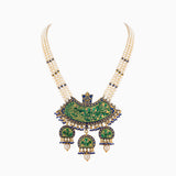 Pendant with Firoza Meena, Uncut Polki Diamond, Japanese Pearls, S.S. Pearls and Sapphire Beads-KMNE2753