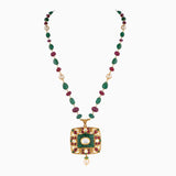 Reversible Pendant Set with Partaz Work, Uncut Diamond, Emerald, and S.S. Pearls (Double Sided)-KMPE1090