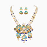 Pendant with Firoza Meena, Uncut Polki Diamond, Japanese Pearls, S.S. Pearls and Sapphire Beads-KMNE2753
