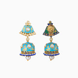 Jhoomki Pair with Firoza Meena, Uncut Polki Diamond, Cultuted Pearls and S.S. Pearls-KMNE2753