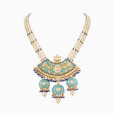 Pendant with Firoza Meena, Uncut Polki Diamond, Japanese Pearls, S.S. Pearls and Sapphire Beads-KMNE2753