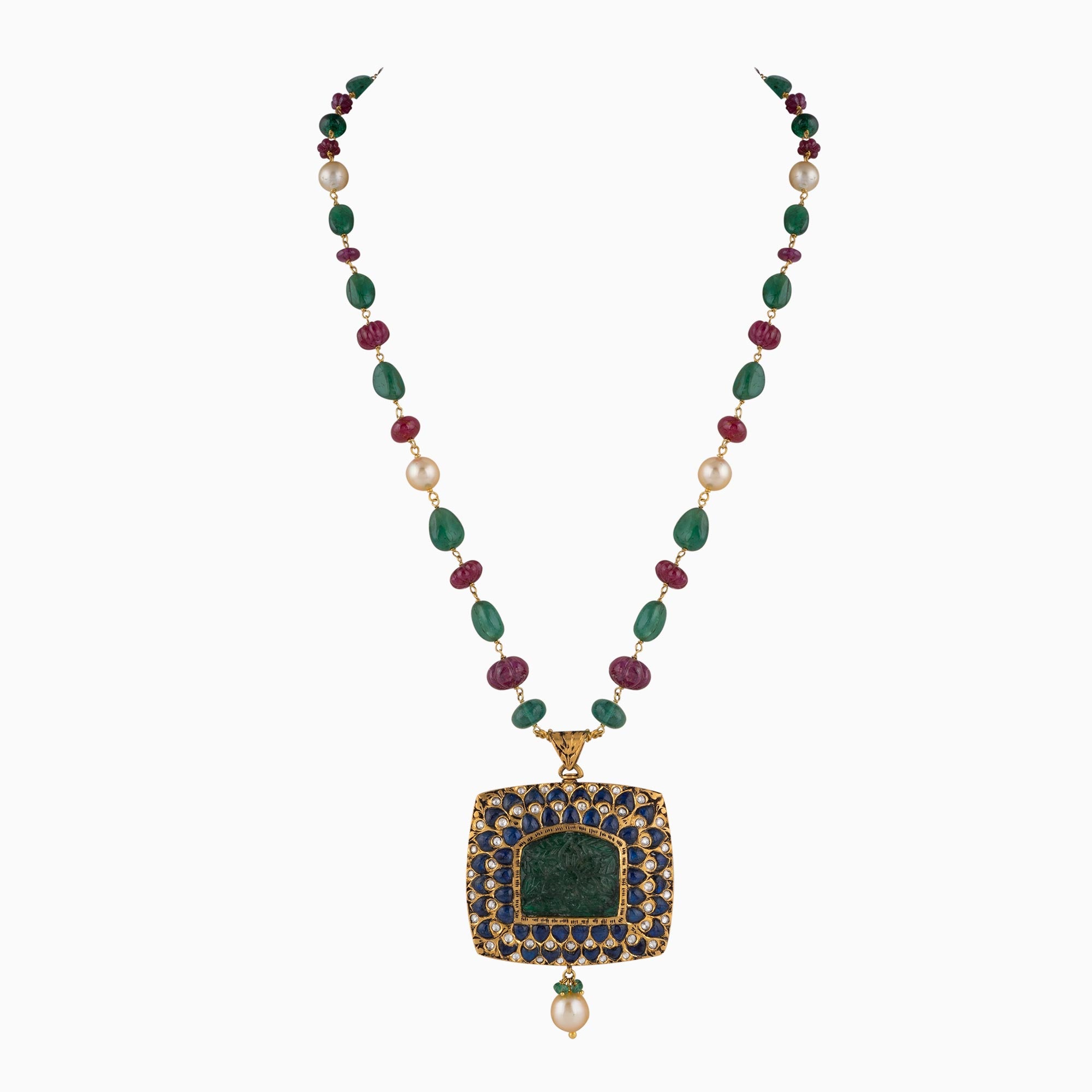 Reversible Pendant Set with Partaz Work, Uncut Diamond, Emerald, and S.S. Pearls (Double Sided)-KMPE1090